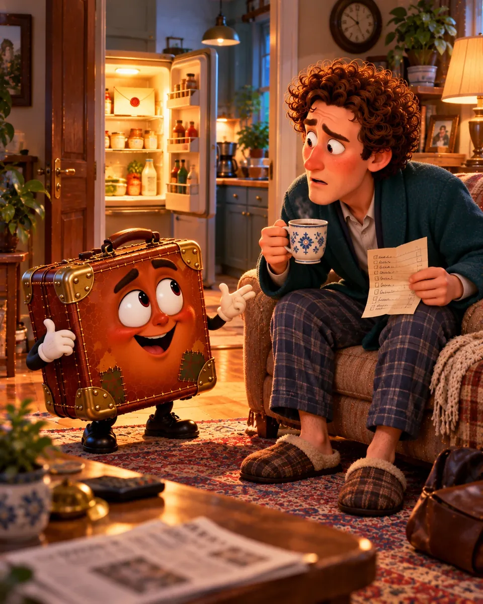 Herr Müller sitzt mit Kaffeetasse auf der Sofakante und starrt den sprechenden Koffer Ferdinand an, während in der Küche der Kühlschrank von selbst aufgeht.