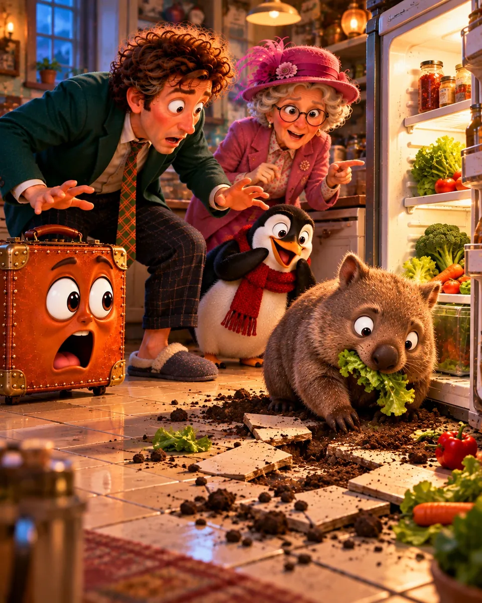 Herbert der Wombat kaut Salat vor dem offenen Kühlschrank und hat die Küchenfliesen aufgegraben, während Herr Müller im Hausschuh entsetzt zusieht und Frau Schnabel, Günther und Ferdinand staunen.