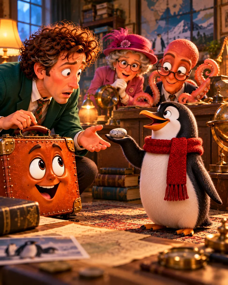 Günther der Pinguin mit rotem Schal überreicht Herrn Müller einen Kieselstein, während Ferdinand, Frau Schnabel und Dr. Otto Achtarm zuschauen.