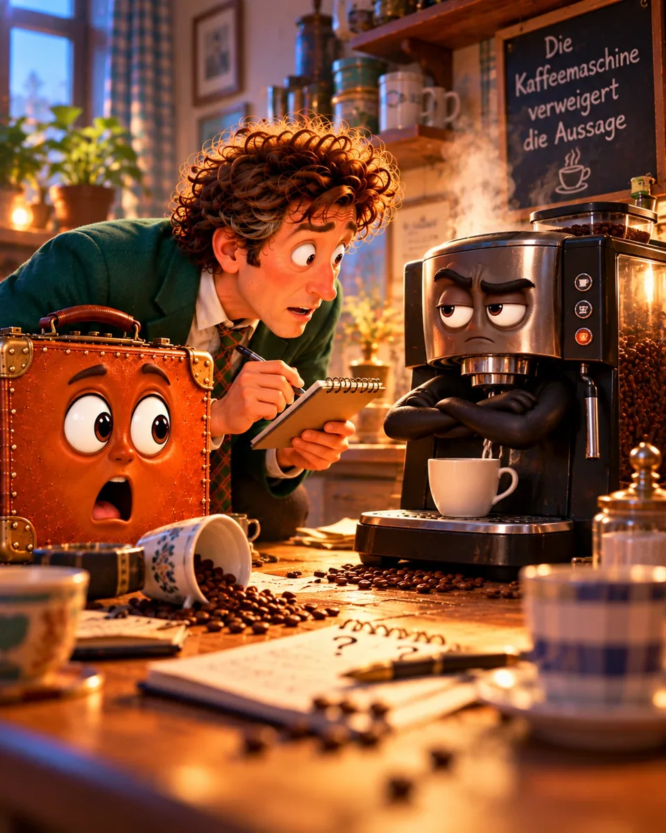 Herr Müller befragt mit einem Notizblock eine missmutige Kaffeemaschine, während Ferdinand in der Küche entsetzt zusieht.